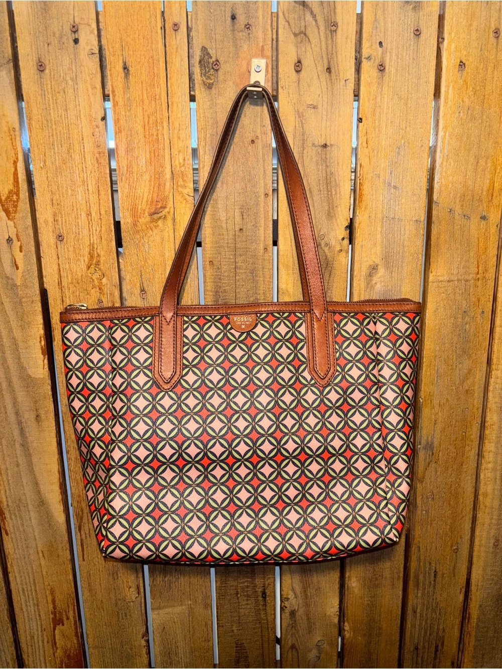 Fossil coated canvas Tote with Leather accents